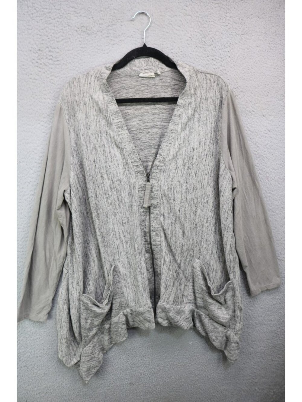 LOGO by Lori Goldstein Long Faux Suede Sleeve Zip Front Cardigan-1X-Lagenlook